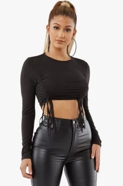 Honeybum Pull Closer Drawstring Crop Top Long Sleeve Tops