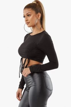 Honeybum Pull Closer Drawstring Crop Top Long Sleeve Tops